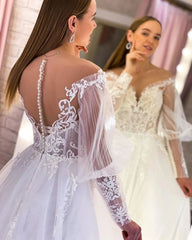 Elegant Long White A-line V-neck Tulle Long Sleeves Wedding Dress With Lace-misshow.com