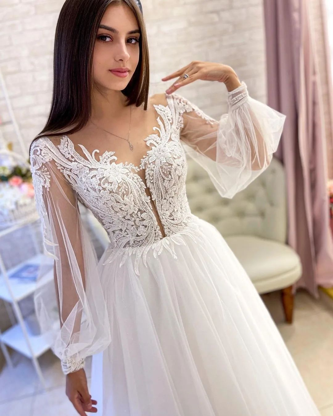 Elegant Long White A-line V-neck Tulle Long Sleeves Wedding Dress With Lace-misshow.com