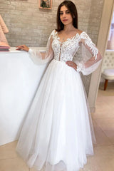 Elegant Long White A-line V-neck Tulle Long Sleeves Wedding Dress With Lace-misshow.com