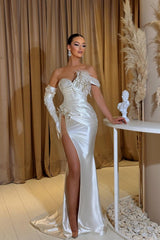 Elegant Long White Mermaid Glitter Sleeveless Prom Dresses With Slit-misshow.com