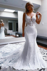 Elegant Long White Mermaid Straps V-neck Backless Wedding Dress with Lace