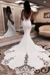 Elegant Long White Mermaid V-neck Spaghetti Straps Backless Wedding Dress with Lace