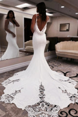 Elegant Long White Mermaid V-neck Spaghetti Straps Backless Wedding Dress with Lace