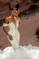 Elegant Mermaid Lace Off-The-Shoulder Sleeveless White Wedding Dresses With Beading