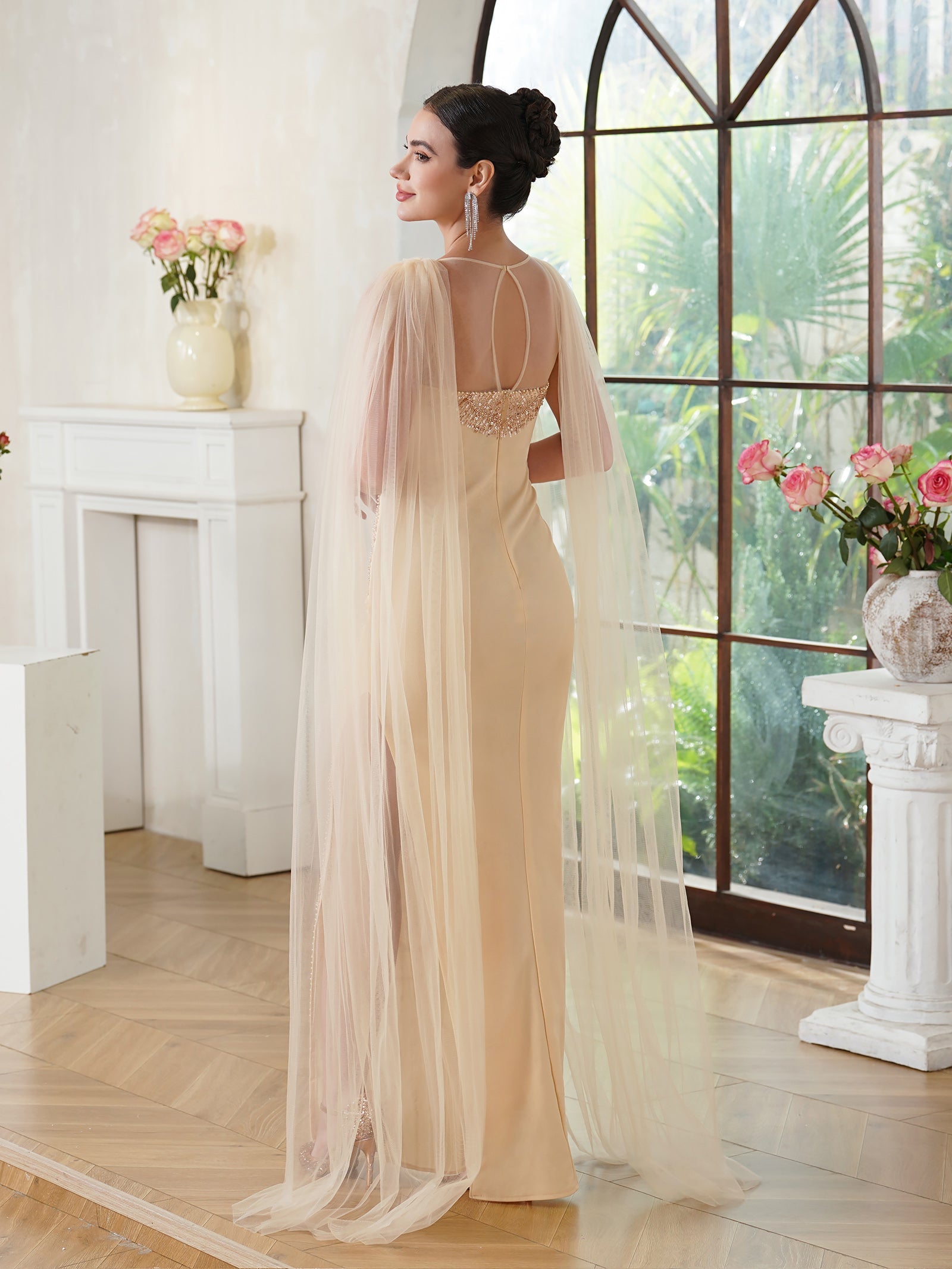 Elegant Mermaid Polyester Knitted Scoop Sleeveless Champagne Gold Prom Dress With Beading Zipper Split