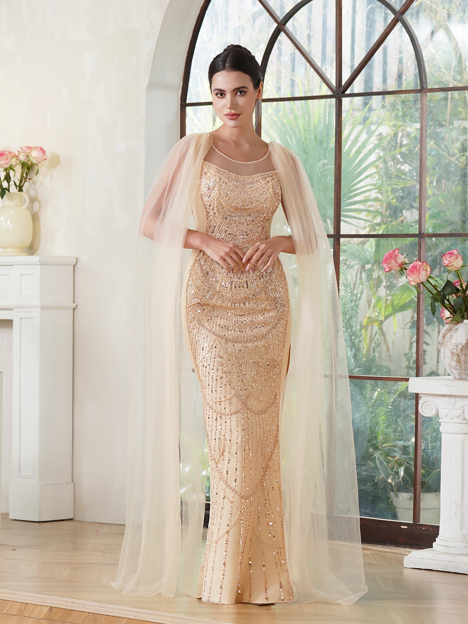 Elegant Mermaid Polyester Knitted Scoop Sleeveless Champagne Gold Prom Dress With Beading Zipper Split