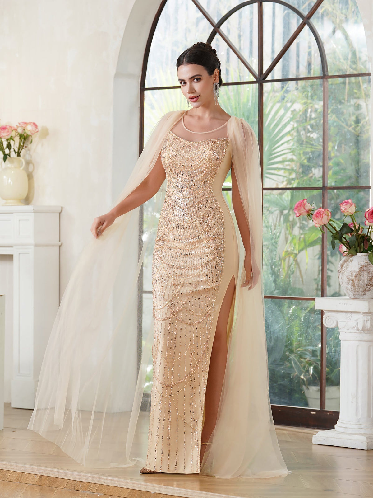 Elegant Mermaid Polyester Knitted Scoop Sleeveless Champagne Gold Prom Dress With Beading Zipper Split