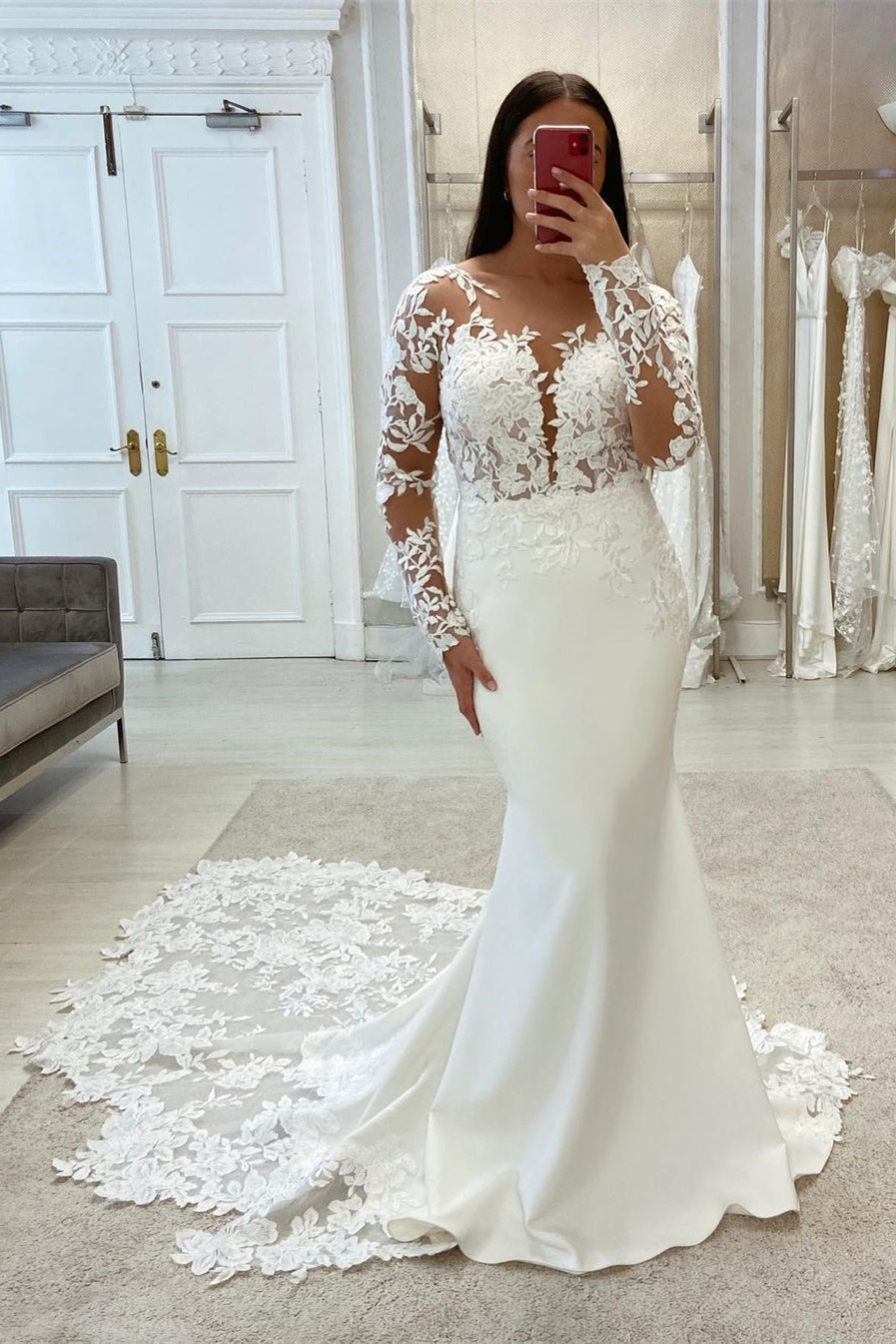 Elegant Mermaid V-neck Long Sleeves Lace Wedding Dress With Train-misshow.com