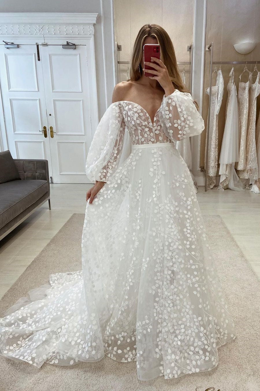 Elegant Off-the-shoulder A-line V-neck Appliques Wedding Dress With Long Sleeves-misshow.com