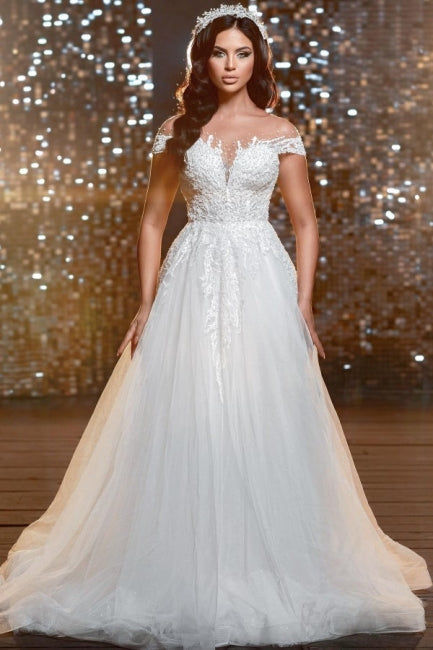 Elegant off-the-shoulder jewel cap sleeves a-line lace Wedding dress-misshow.com