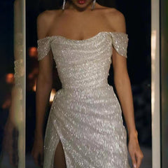 Elegant Off-the-shoulder Sleeveless A-line Sequined Wedding Dress With Slit-misshow.com