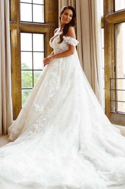 Elegant Off The Shoulder Sleeveless A-Line Wedding Dresses With Lace-misshow.com