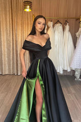 Elegant Off-the-shoulder V-neck Sleeveless A-line Prom Dress With Slit-misshow.com