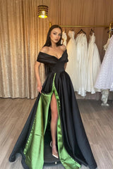 Elegant Off-the-shoulder V-neck Sleeveless A-line Prom Dress With Slit-misshow.com