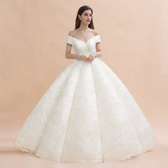 Elegant Off-the-Shoulder White Lace Appliques Bridal Gowns Wedding Dress-misshow.com