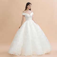 Elegant Off-the-Shoulder White Lace Appliques Bridal Gowns Wedding Dress-misshow.com