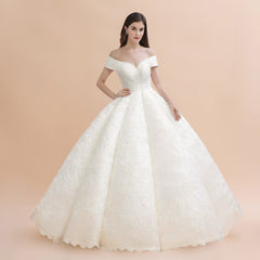 Elegant Off-the-Shoulder White Lace Appliques Bridal Gowns Wedding Dress-misshow.com