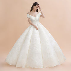 Elegant Off-the-Shoulder White Lace Appliques Bridal Gowns Wedding Dress-misshow.com