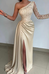 Elegant One Shoulder Lace Long Sleeve Satin Prom Dress With Slit-misshow.com