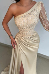 Elegant One Shoulder Lace Long Sleeve Satin Prom Dress With Slit-misshow.com