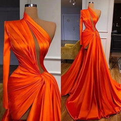 Elegant One Shoulder Long Sleeves Split Front Prom Dress-misshow.com