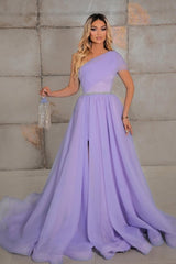 Elegant one shoulder sleeveless a-line 100D-Chiffon evening dresses ribbons-misshow.com