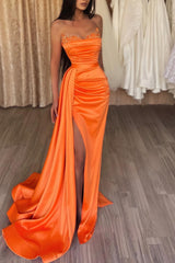 Elegant Orange Sleeveless Split Mermaid Prom Dresses with Ruffles-misshow.com