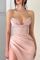 Elegant Peach V-neck Mermaid Evening Dresses Long Simple Prom Dresses With Slit-misshow.com