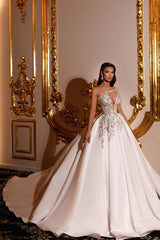 Elegant Princess Long A-line V-neck One Shoulder Satin Wedding Dresses-misshow.com