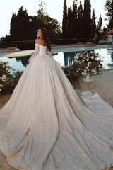 Elegant Princess Off-the-shoulder A-line Ball Gown Wedding Dress With Long Sleeves-misshow.com