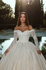 Elegant Princess Off-the-shoulder A-line Ball Gown Wedding Dress With Long Sleeves-misshow.com