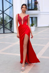 Elegant Red Long V-Neck Front Split Prom Dresses With Glitter-misshow.com