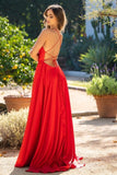Elegant Red Spaghetti Straps Sleeveless Column Satin Prom Dresses with Ruffles-misshow.com