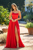 Elegant Red Spaghetti Straps Sleeveless Column Satin Prom Dresses with Ruffles-misshow.com