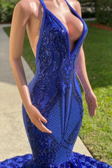 Elegant Royal Blue Halter Floor Length Sleeveless Lace Mermaid Prom Dress-misshow.com