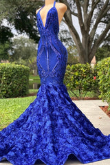 Elegant Royal Blue Halter Floor Length Sleeveless Lace Mermaid Prom Dress-misshow.com