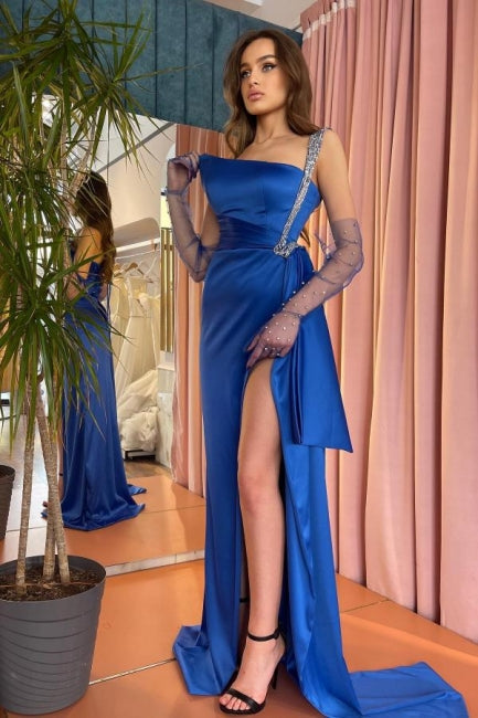 Elegant Royal Blue One Shoulder Long Prom Dresses With Glitter-misshow.com