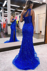 Elegant Royal Blue One Shoulder Mermaid Lace Prom Dress With Slit-misshow.com