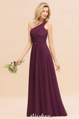 Elegant Ruffles One Shoulder Prom Dresses | A-Line Sleeveless Evening Dresses-misshow.com