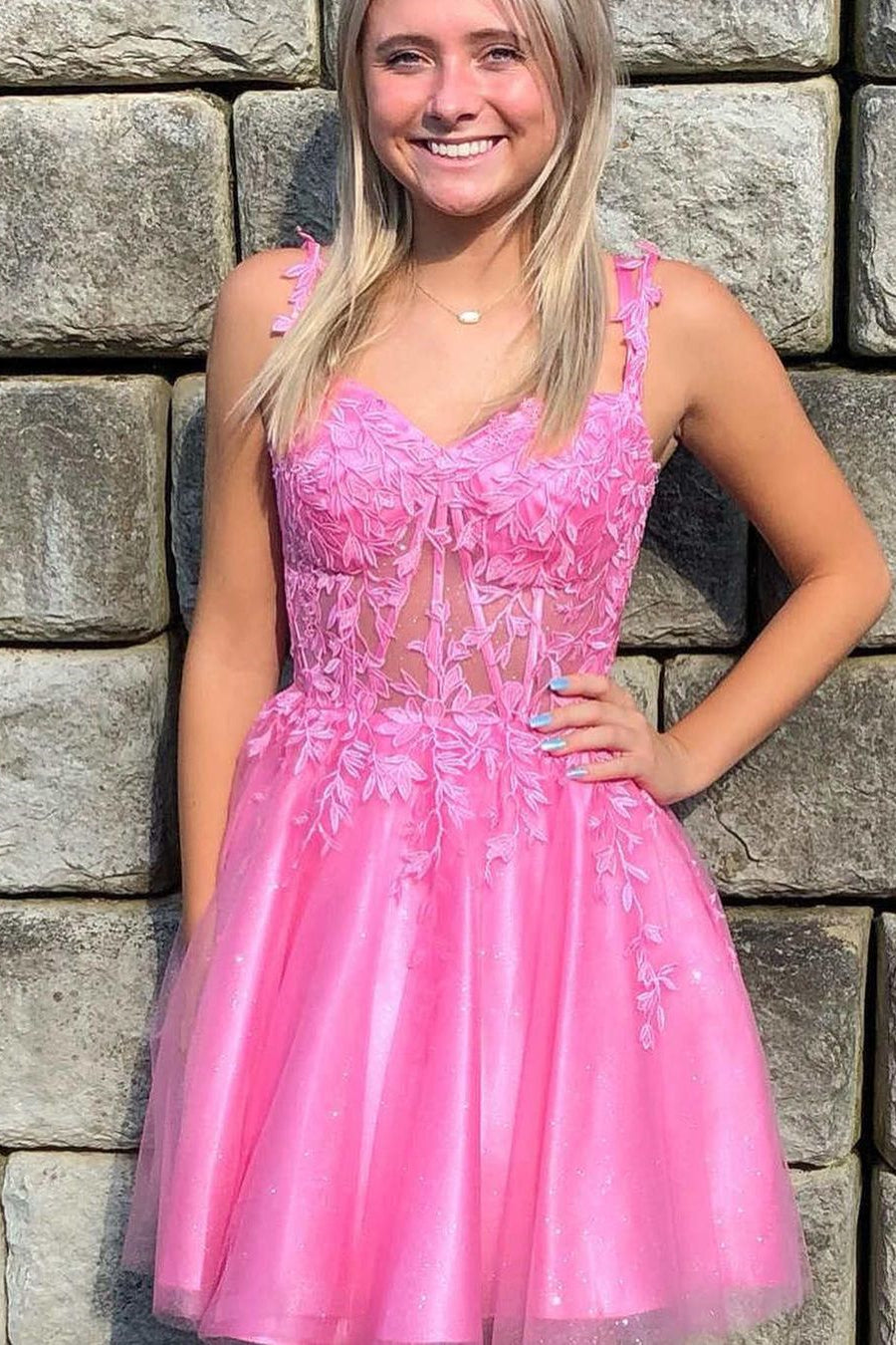 Elegant Short Pink Straps Lace Sleeveless Glitter Homecoming Dress