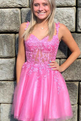 Elegant Short Pink Straps Lace Sleeveless Glitter Homecoming Dress