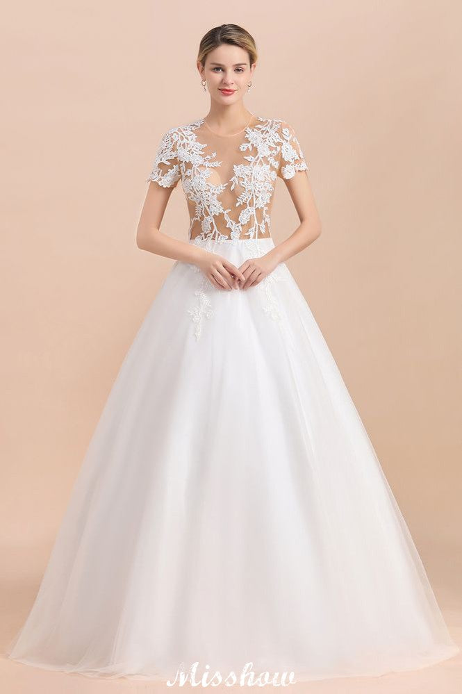 This elegant Jewel Satin,Tulle wedding dress with Pearls could be custom made in plus size for curvy women. Plus size Short Sleeves A-line bridal gowns are classic yet cheap.