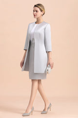 Elegant Silve Short Mother Of the Bride Dress Knee-Length Wedding Party Gowns-misshow.com