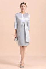 Elegant Silve Short Mother Of the Bride Dress Knee-Length Wedding Party Gowns-misshow.com