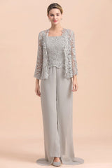 Elegant Silver Lace Top Chiffon Mother of Bride Jumpsuit Online with Wrap-misshow.com