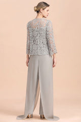 Elegant Silver Lace Top Chiffon Mother of Bride Jumpsuit Online with Wrap-misshow.com