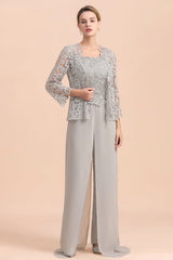 Elegant Silver Lace Top Chiffon Mother of Bride Jumpsuit Online with Wrap-misshow.com