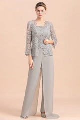 Elegant Silver Lace Top Chiffon Mother of Bride Jumpsuit Online with Wrap-misshow.com