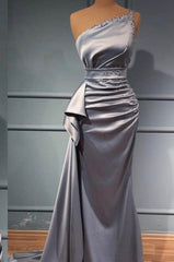 Elegant Silver Long Glitter One Shoulder Sleeveless Sequined Evening Dresses-misshow.com