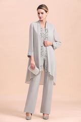 Elegant Sleeveless Appliques Silver Chiffon Mother of Bride Jumpsuit with Wrap-misshow.com